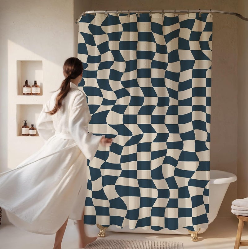 Worthwhile Goods Wavy Check Print Shower Curtain - Modern Home Decor - Neutral Boho Style Checkered Fabric Shower Curtain for Any Bathroom - 72x72 Inches (Wavy Check) - Image 2